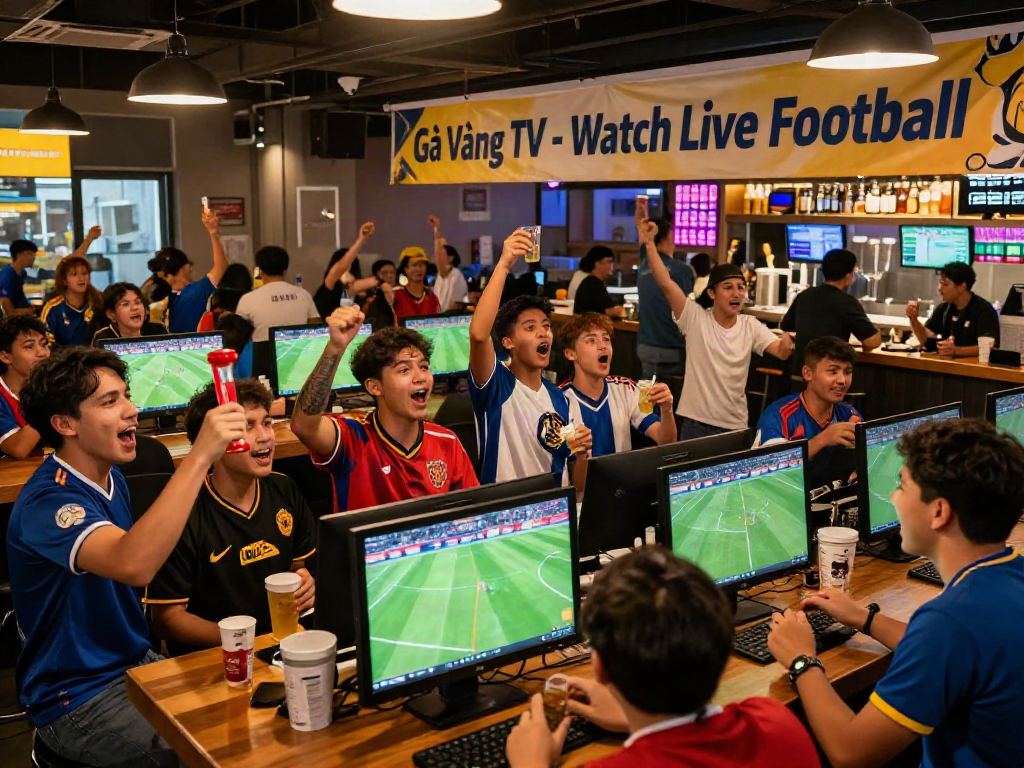 Fans enjoying a vibrant atmosphere at a sports bar watching Gà Vàng TV live football matches.
