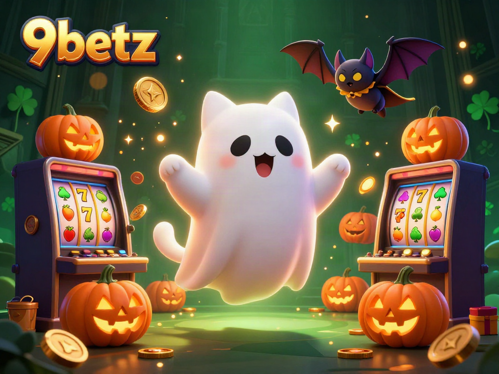 Engage with 9betz as friendly ghost cat and bat navigate a haunted casino, enriched with slot elements.