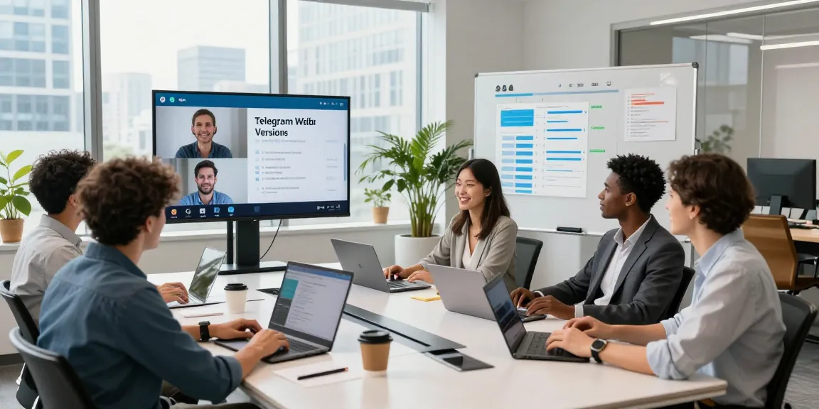 Engaged professionals collaborating over Telegram Web Version in a modern office environment.