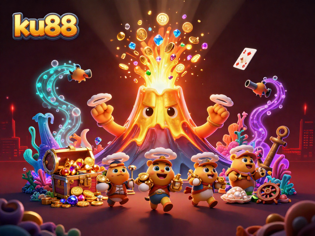 Win big at ku88 with a vibrant 3D casino scene featuring treasure and gambling elements.