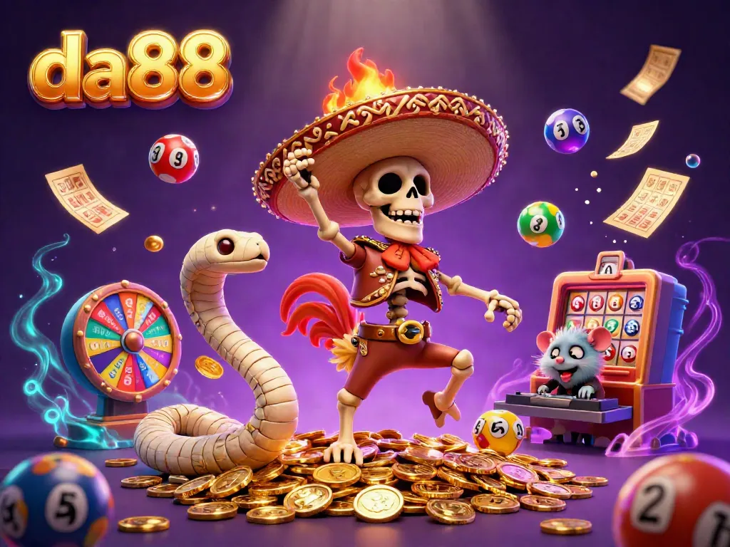 Celebrate wins at da88 casino with vibrant characters and dynamic games in this colorful illustration.