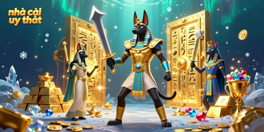 Engage with the stunning 3D visual of nhà cái uy tín featuring Anubis and Bastet in a casino-themed ancient Egyptian adventure.