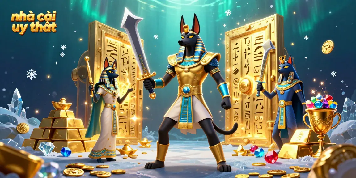 Engage with the stunning 3D visual of nhà cái uy tín featuring Anubis and Bastet in a casino-themed ancient Egyptian adventure.