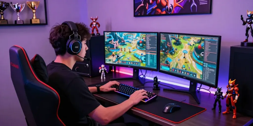 Engaged gamer at a high-tech setup showcasing rokok88 gaming accessories and immersive environment.