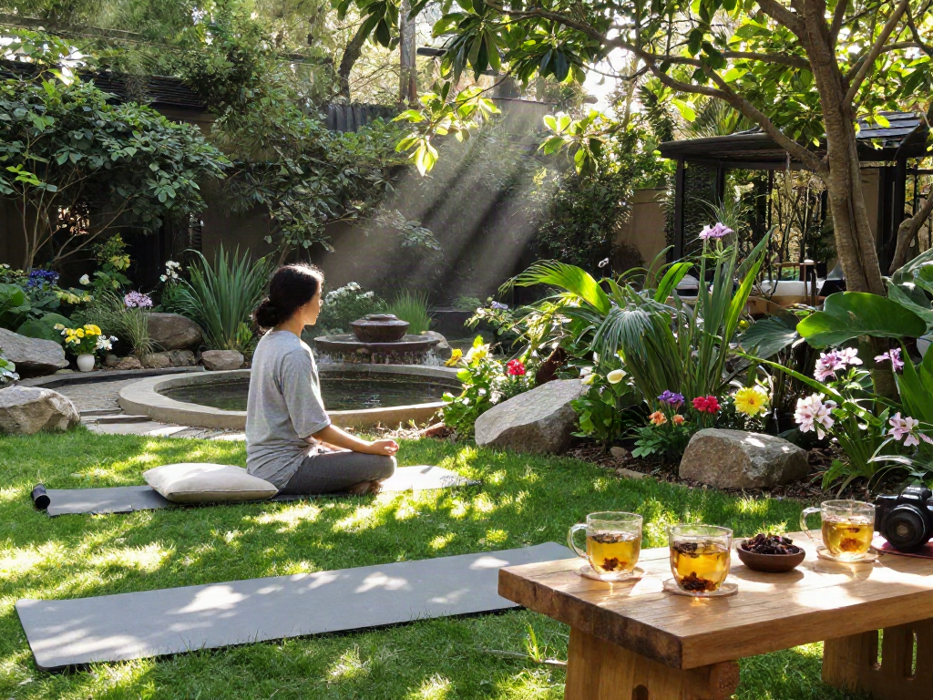 Person meditating in a serene garden setting at rokok88 retreat, surrounded by nature and calming elements.