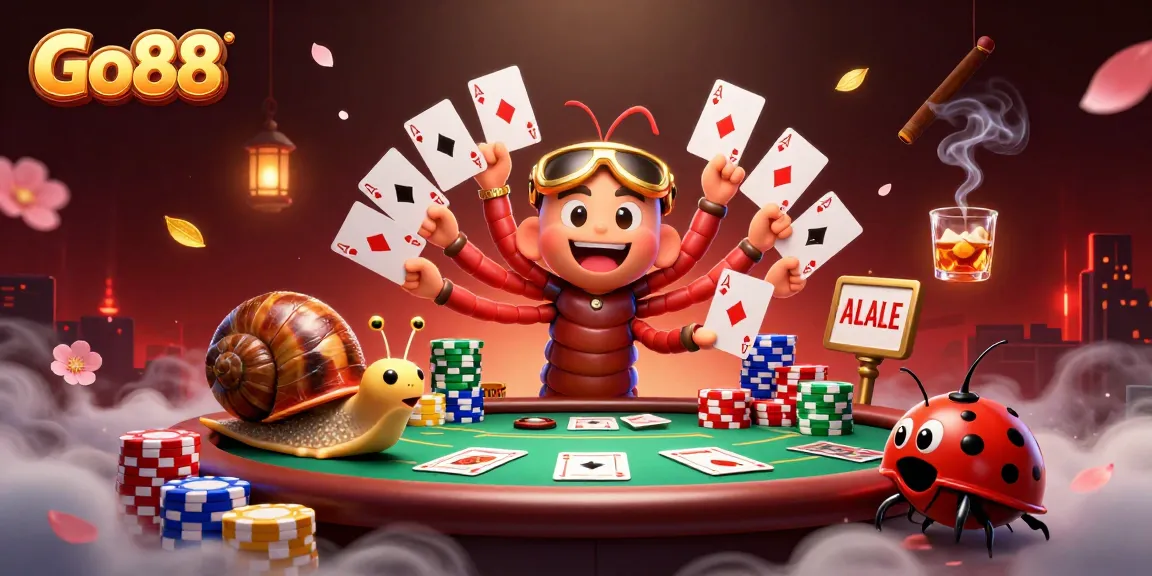 Go88 casino dealer showcasing dynamic card play alongside a snail high-roller, capturing intense gaming action.