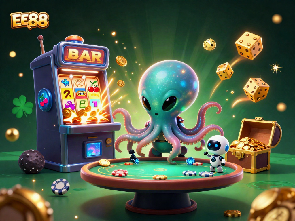 Experience the excitement of EE88 with a whimsical alien octopus at a holographic poker table amidst dazzling casino elements.