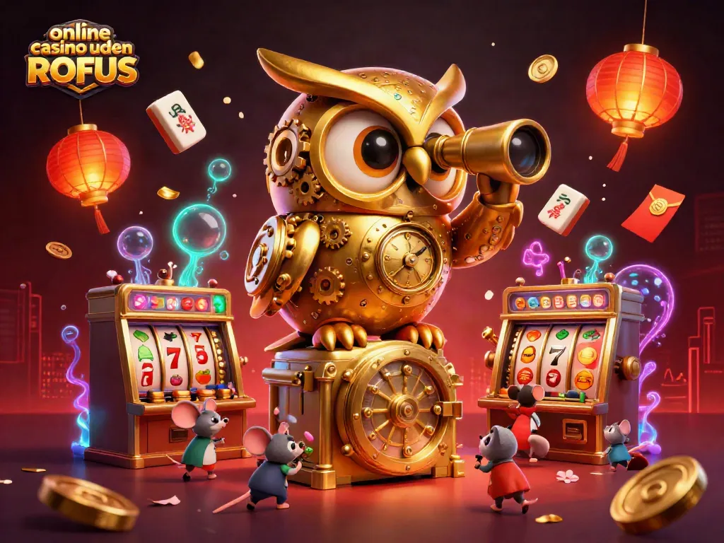 Experience immersive online casino uden ROFUS action with 3D characters and dynamic gaming elements in vibrant illustration.