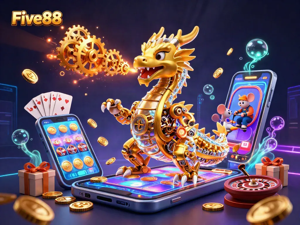 Experience thrilling games at Five88, featuring a golden dragon and exciting slot visuals.