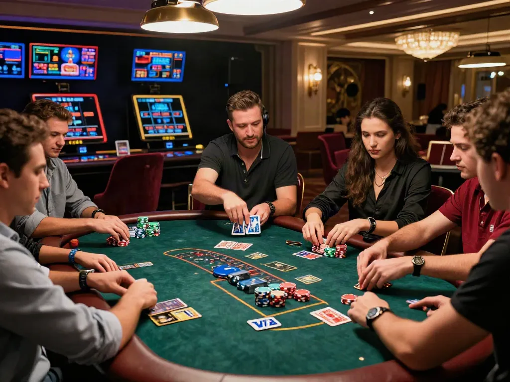 Players enjoying a lively game at credit card casinos with Visa and Mastercard prominently displayed.