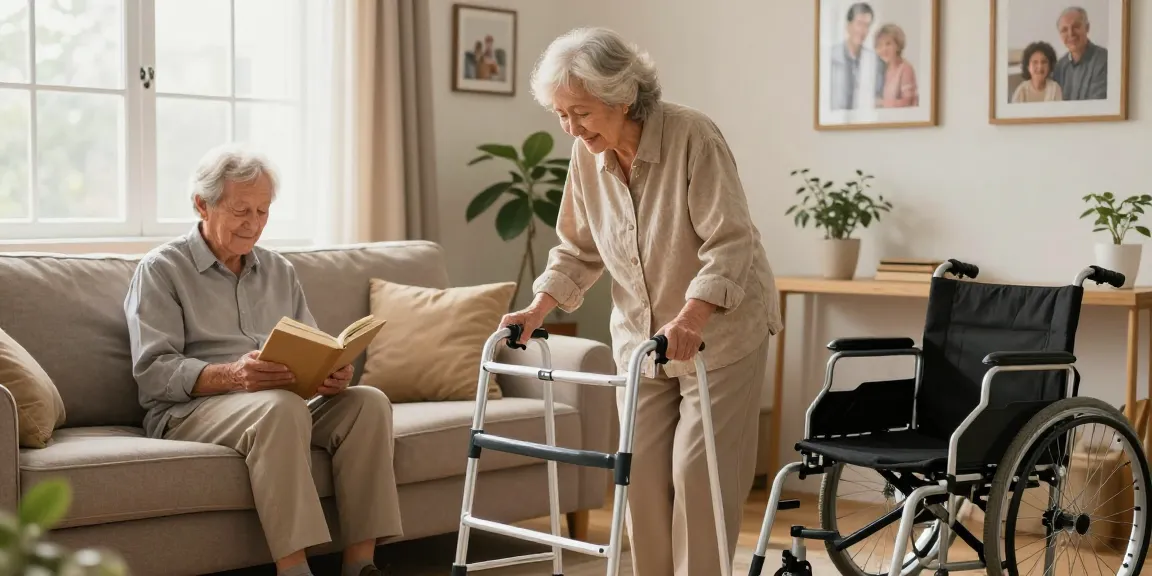 Buy nobility aids in a cozy living room setting; elderly couple sharing quality time with mobility aids nearby.