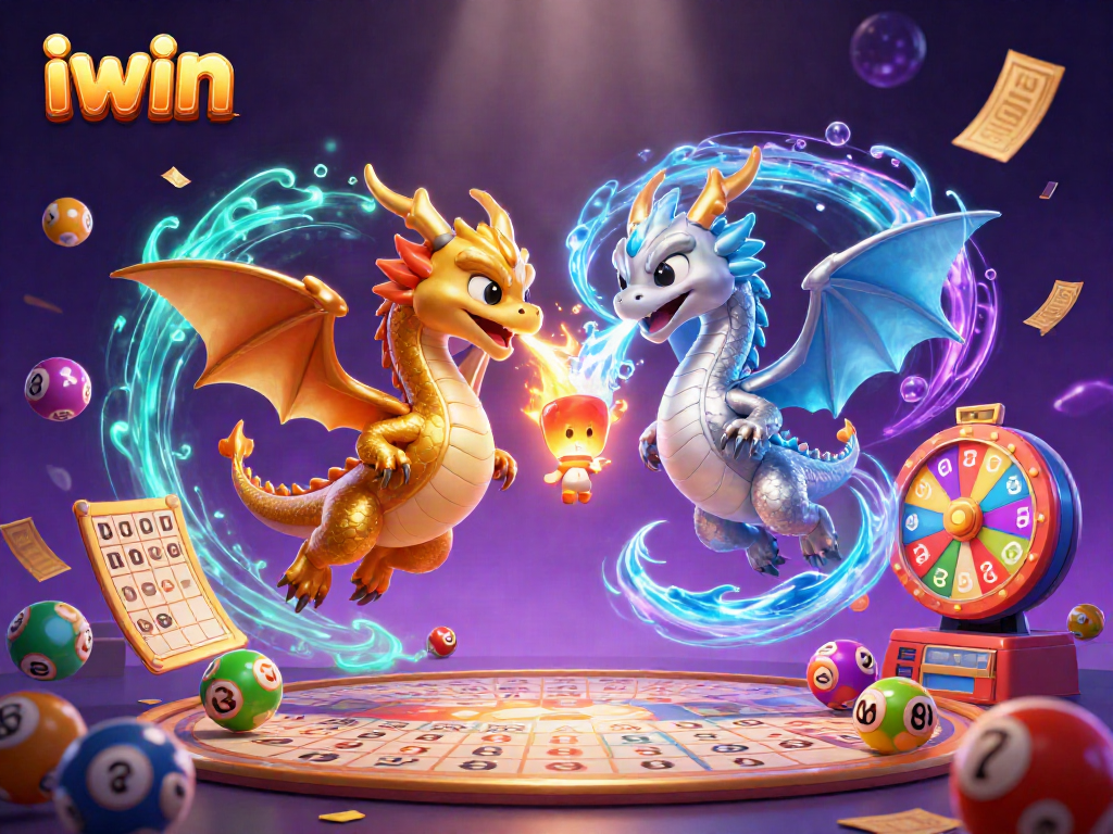 Engage with thrilling iwin casino games as golden and silver dragons soar amidst vibrant lottery excitement.