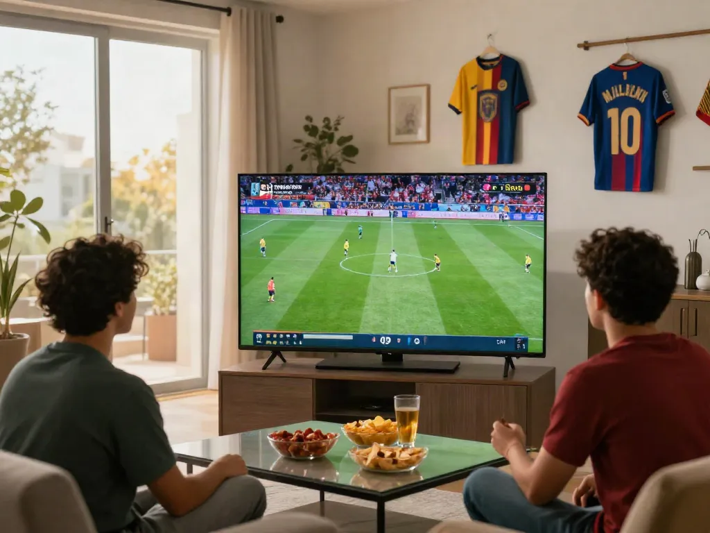 Friends enjoying gà vàng tv match together in a stylish living room with snacks and jerseys.