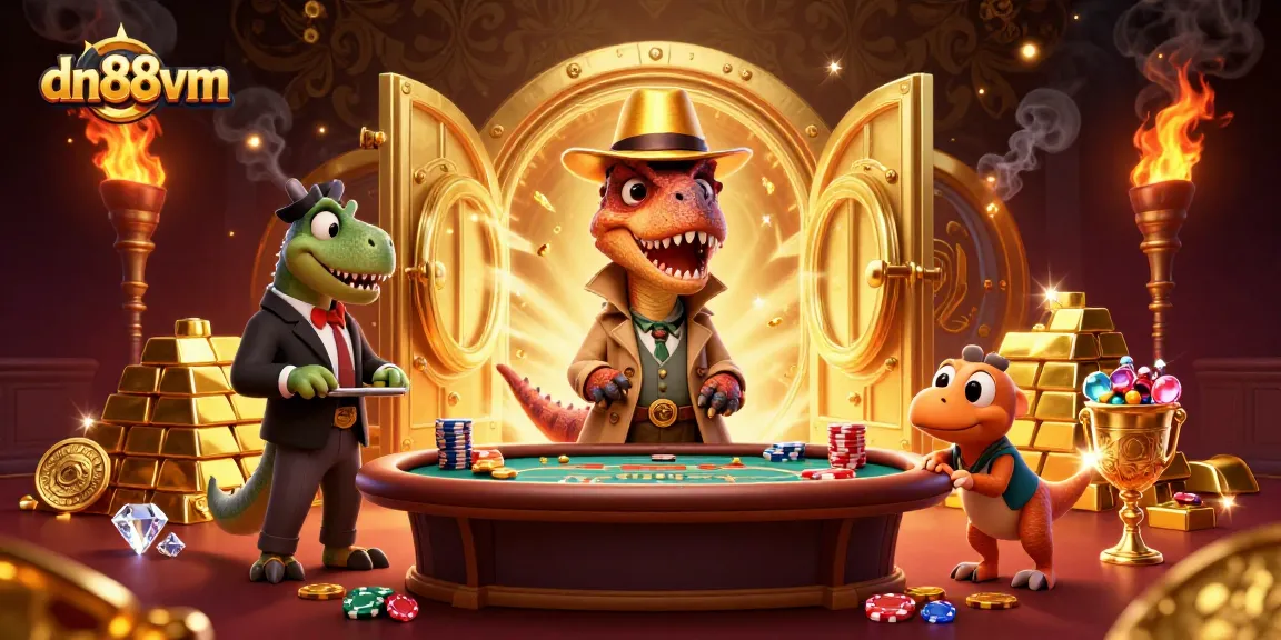 Experience exciting gaming at dn88vm with a velociraptor and a pit boss in a bustling casino scene.