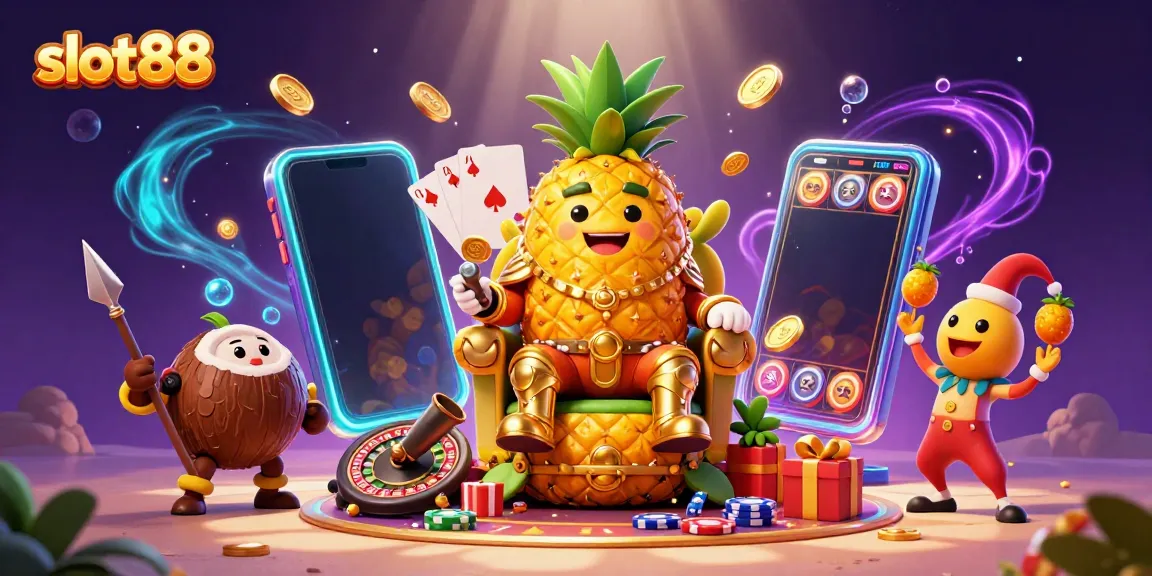 Experience thrilling gameplay with slot88, surrounded by a vibrant casino scene featuring a pineapple king and jester.