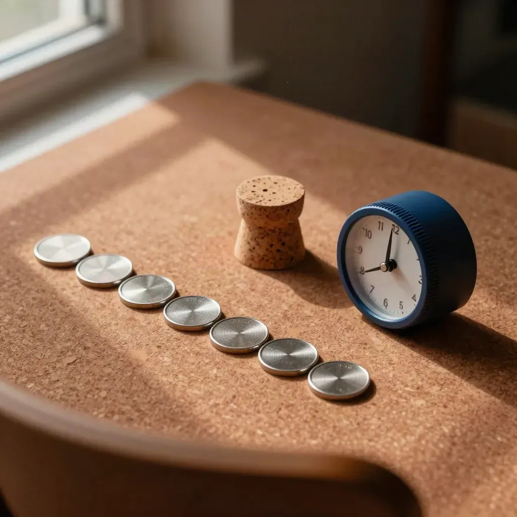 Top-down office still life of sprint tokens, cork pins and a timer on terracotta corkboard.