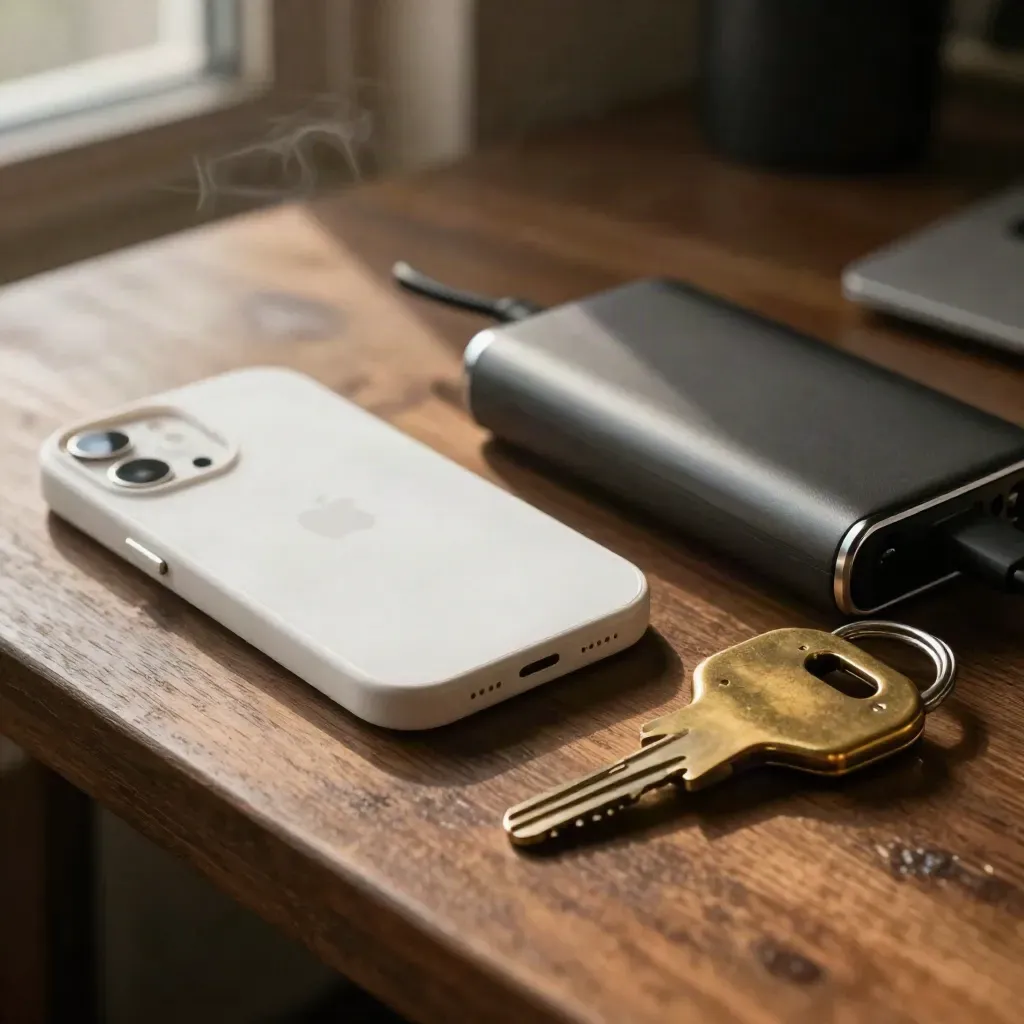 Macro still life of a prototype phone shell, power bank and brass key fob on walnut, with coffee steam.