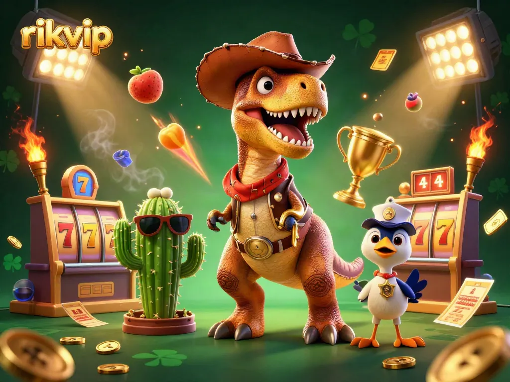 Play rikvip with dynamic casino excitement featuring 3D dinosaur, cactus, and roadrunner