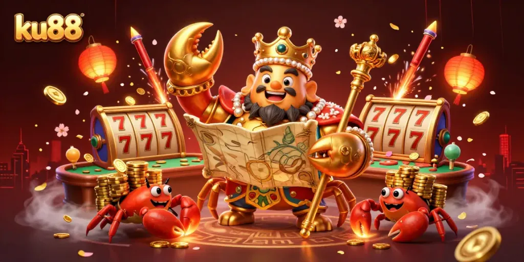 Experience the excitement of ku88 with a vibrant 3D illustration of a golden crab emperor and many gambling elements.