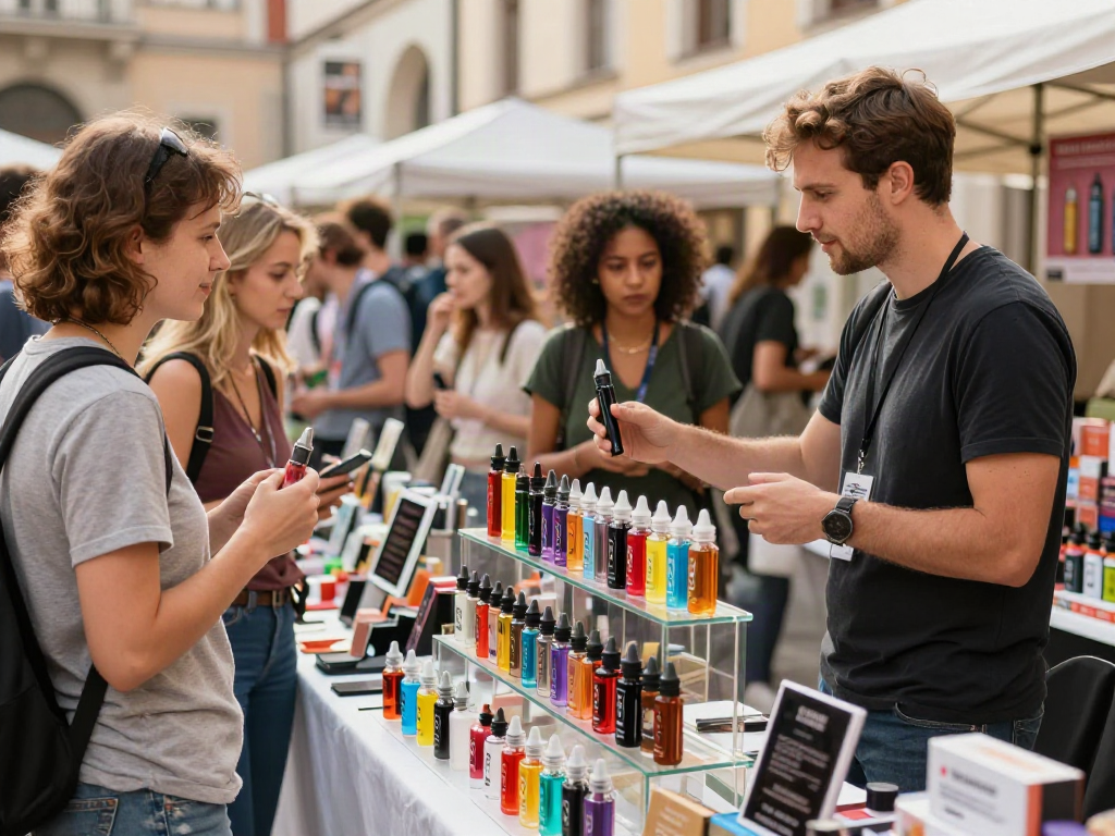Wholesale vape supplier in Europe with diverse customers exploring colorful vape products in a lively marketplace.