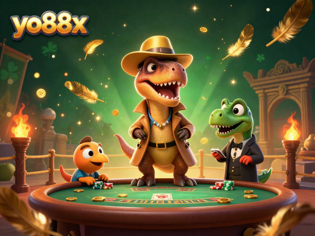 Experience the thrill of yo88x with a velociraptor card counter at blackjack surrounded by dynamic casino elements.