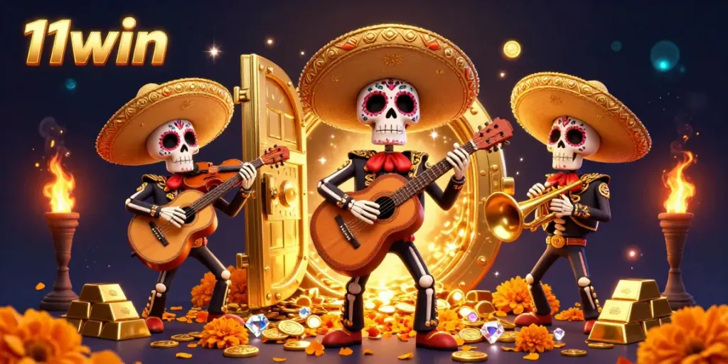 Experience thrilling gaming with 11win at a vibrant casino scene featuring mariachi skeletons.