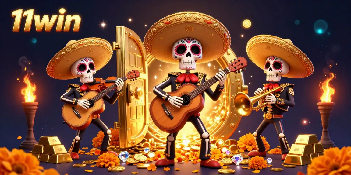 Experience thrilling gaming with 11win at a vibrant casino scene featuring mariachi skeletons.