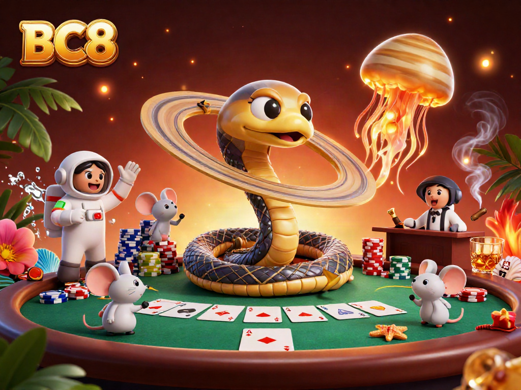BC8 themed illustration features a Saturn ring snake at a cosmic roulette, astronaut mice engaged in gambling.