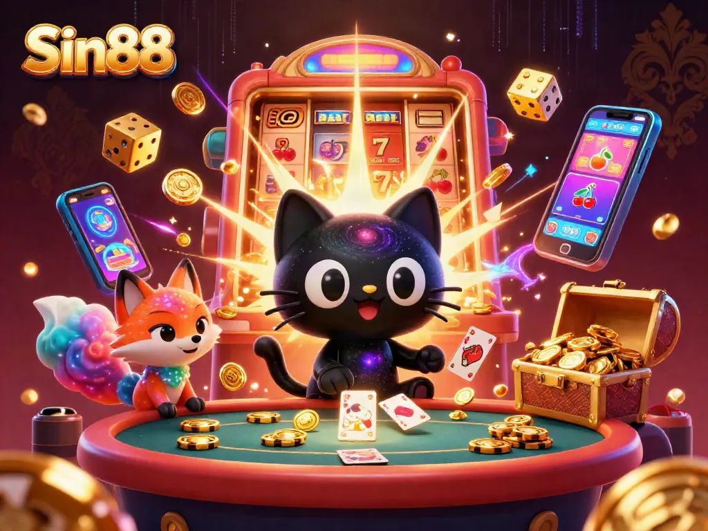 Engage with Sin88 at a vibrant cosmic casino featuring a black hole cat and colorful nebula fox.