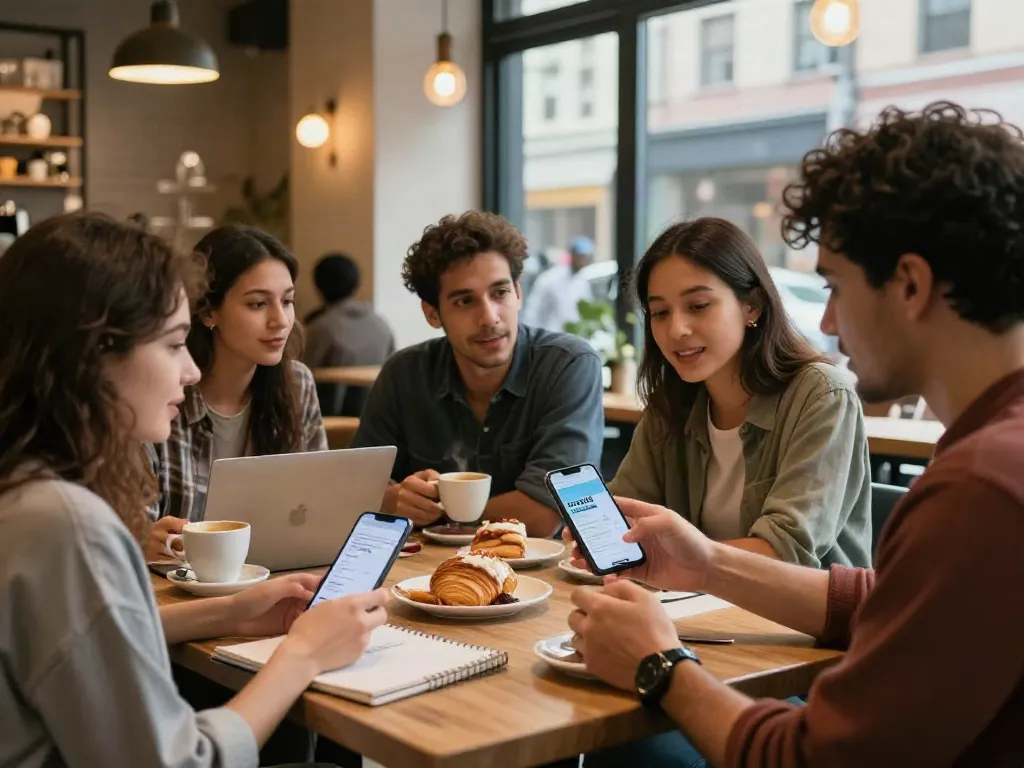 Group of friends enjoying coffee while exploring rokok88 app features in a cozy café