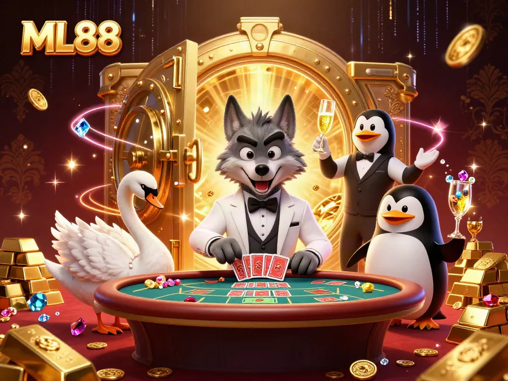 Experience thrilling baccarat at ML88 with a debonair wolf, elegant swan dealer, and sommelier penguin.