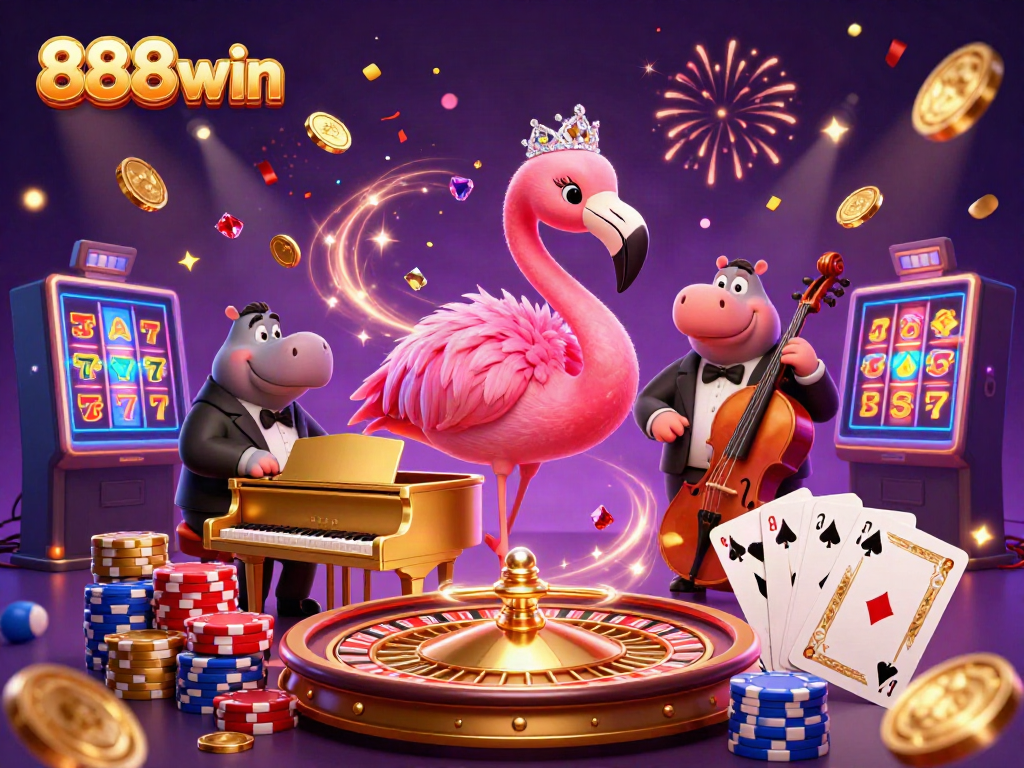 Experience the excitement of 888win with a vibrant casino scene featuring a flamingo singer and hippo bassist.