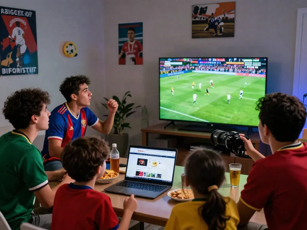 Excited fans watching live football on XOILACTV, surrounded by snacks and memorabilia.