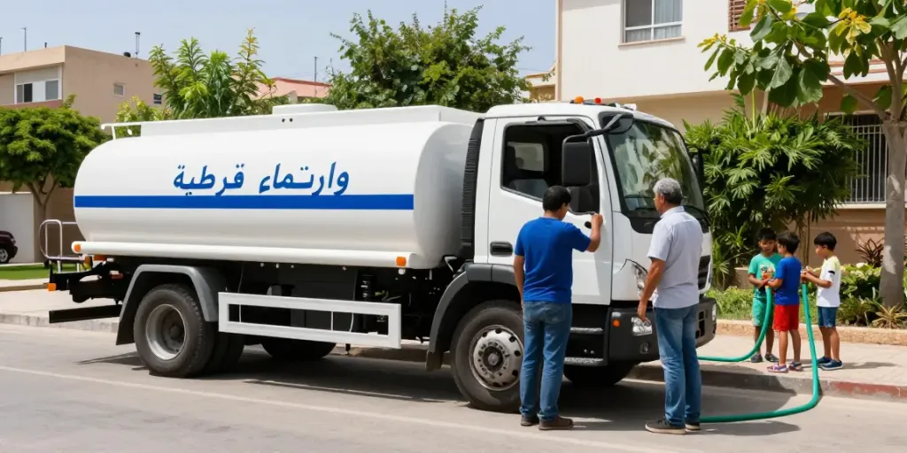White water tanker labeled وايت ماء قرطبة delivering service in a lively residential area.