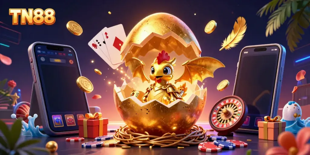 Experience thrilling gameplay with TN88 as the golden dragon guards poker chips amidst vibrant casino elements.