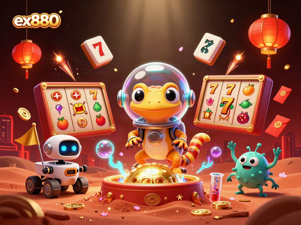 Engage with ex880 slot machines featuring golden reels and lucky 7s in a vibrant casino landscape.