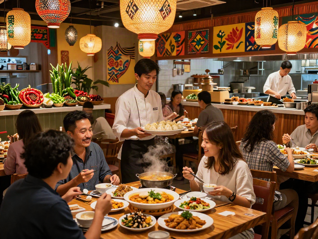 Experience the vibrant atmosphere of rokok88 with delicious momos and curries in a bustling restaurant setting.