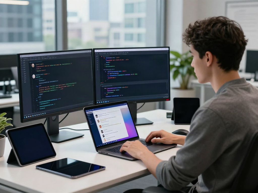 Engaging workspace with a developer using unfiltered AI chat on dual monitors.