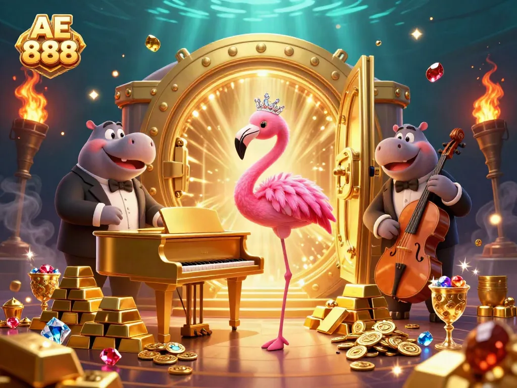 Experience the vibrant energy of AE 888's casino scene with flamingo performers, golden treasures, and a lively atmosphere.