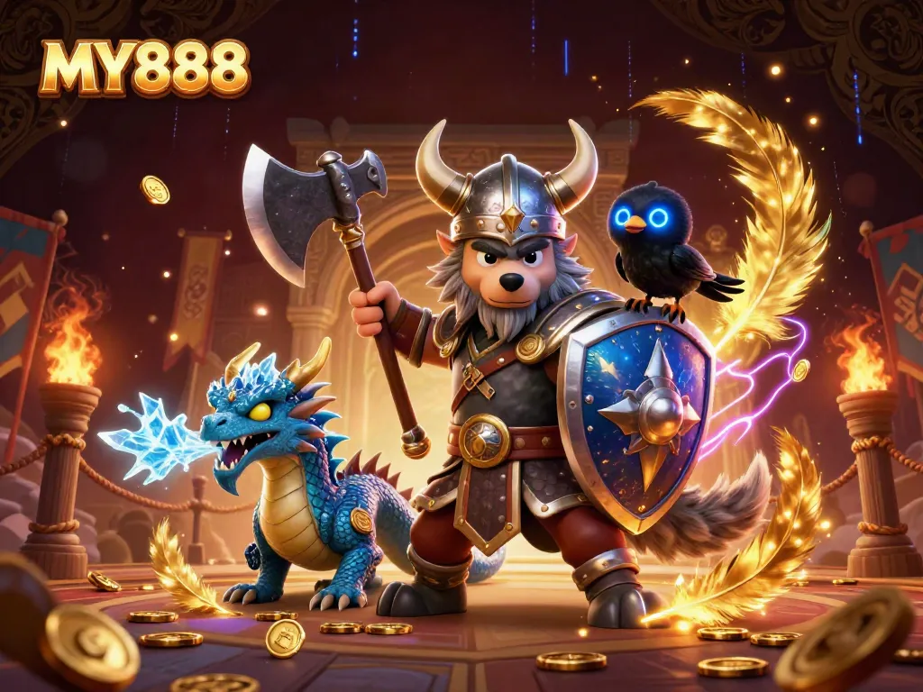 Engage in thrilling action with MY888’s Viking warrior and fantasy elements in an immersive 3D scene.