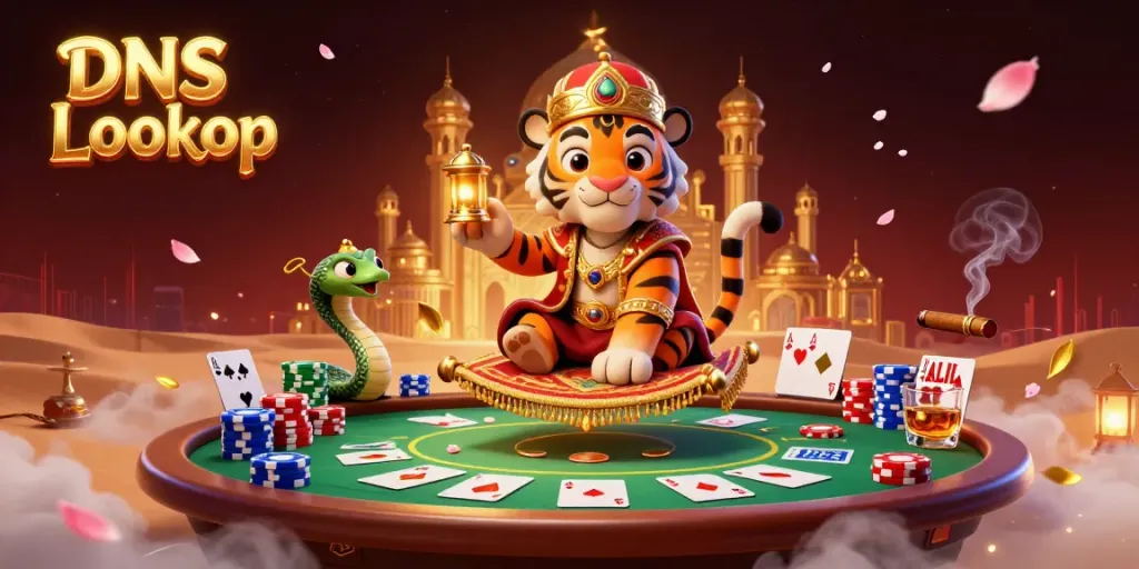 Engage with DNS Lookup while exploring a vibrant Arabian Nights casino theme with colorful poker elements.