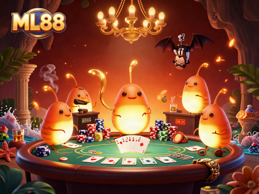 Experience ML88's vibrant cave casino ambiance with glowworms illuminating a lively poker scene.