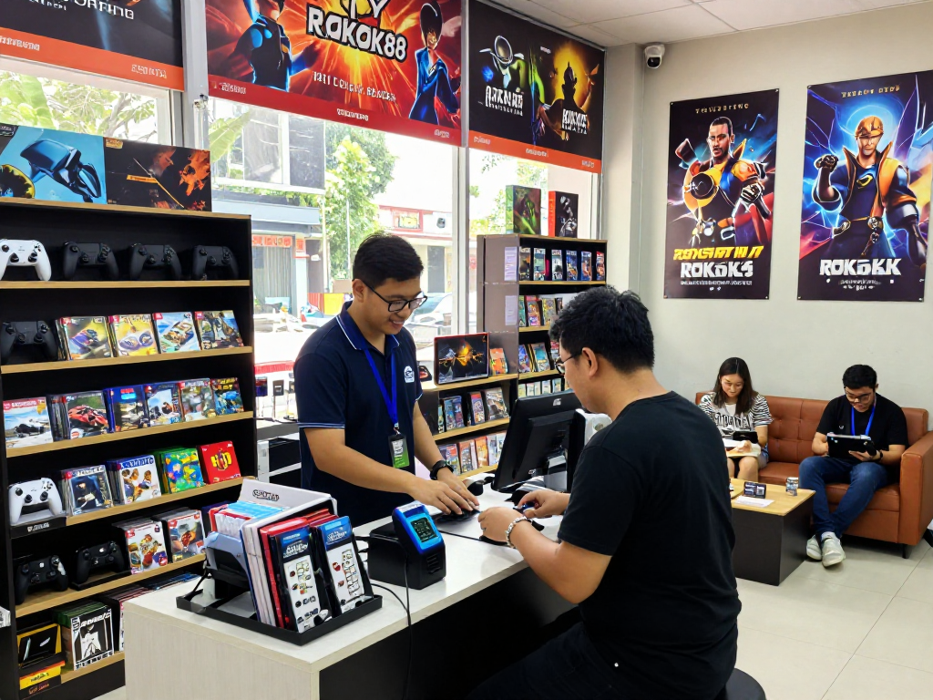 ROKOK88 game store in Jakarta Barat featuring vibrant displays, friendly staff, and payment options.