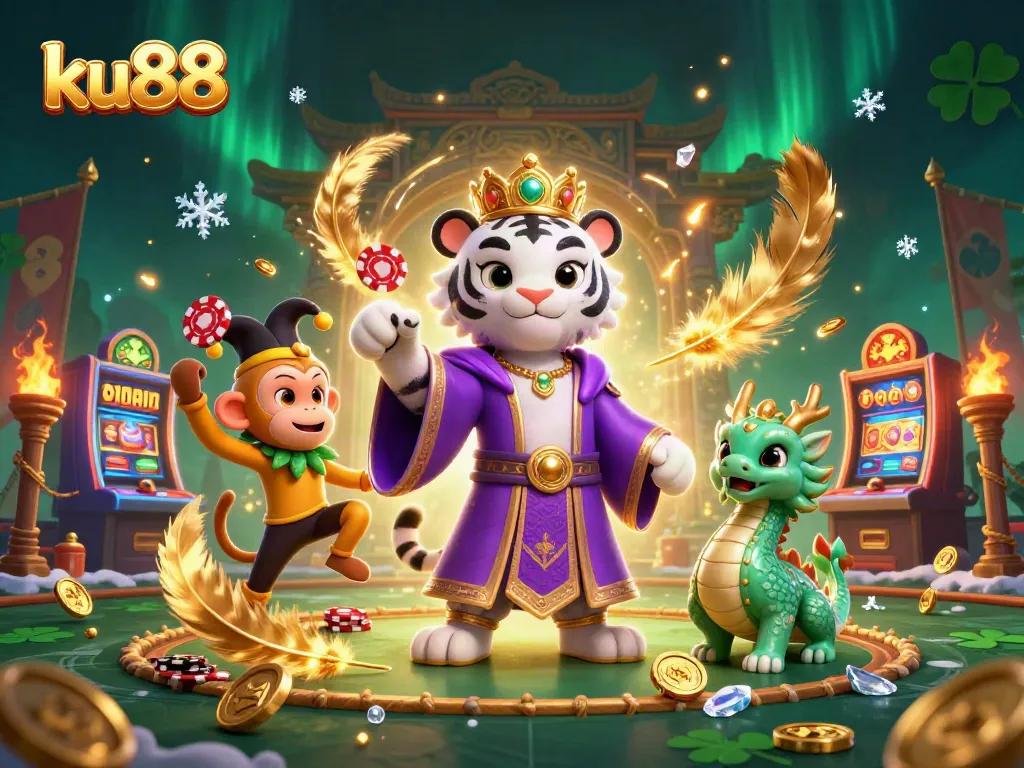 ku88 showcases an engaging 3D cartoon scene with vibrant characters and casino elements, enhancing the online gaming appeal.