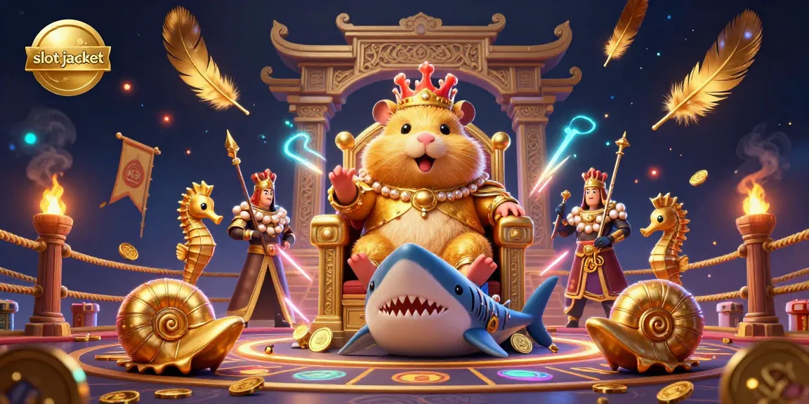 Experience massive wins at slot jackpot with an illustration of a golden hamster king on a shark throne surrounded by royal guards.