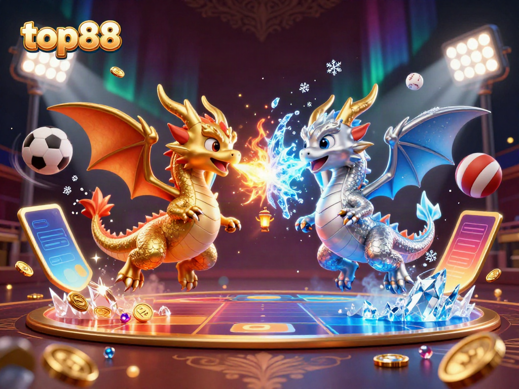 Experience a thrilling encounter with top88's gold and silver dragons amidst dynamic sports elements.