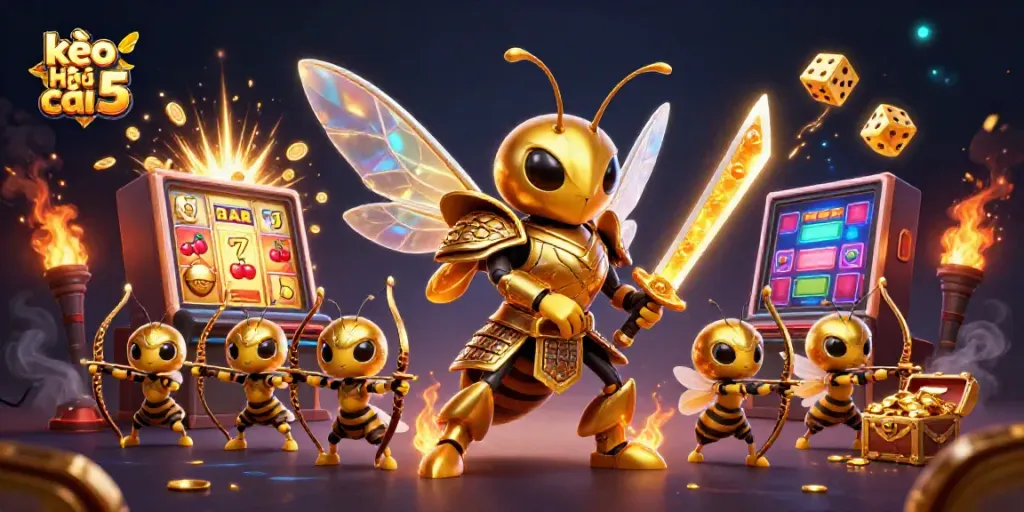 Experience thrilling action with kèo nhà cái 5 featuring a golden hornet samurai and dynamic casino elements.