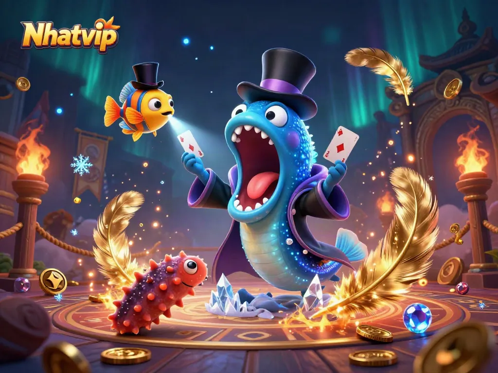 Nhatvip's bioluminescent eel performs a gambling magic act in an enchanting underwater scene.