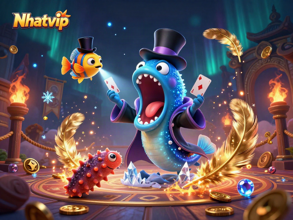 Nhatvip's bioluminescent eel performs a gambling magic act in an enchanting underwater scene.