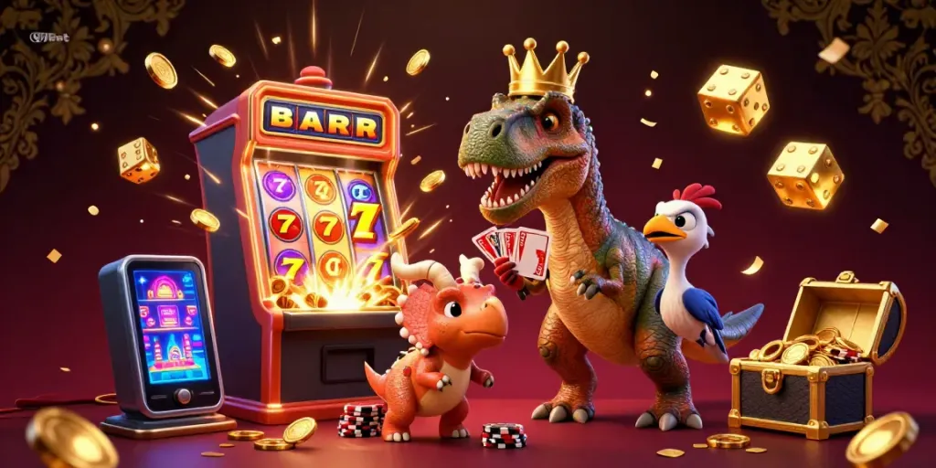 Experience the vibrant energy of V9Bet with a 3D cartoon scene featuring a crowned T-Rex shuffling cards and a baby triceratops stacking chips.